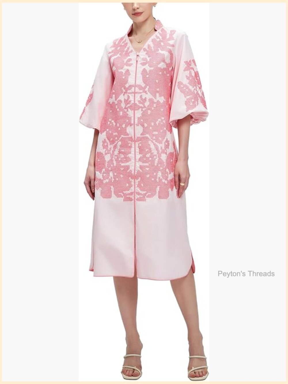 Floral Embroidered 3/4 Sleeve Shift Midi Dress with Pockets
